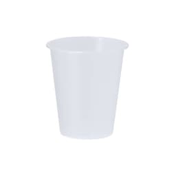 A drink bottle featuring a clear, translucent design, made of plastic, in a tapered cup shape. It has a logo.