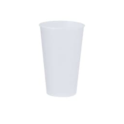 A drink bottle in clear plastic, designed as a tumbler with a simple, smooth shape. It features a logo.