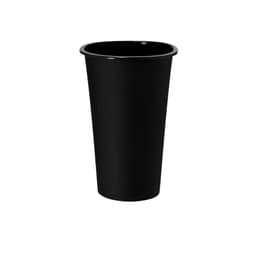 A drink bottle in black, made of plastic, featuring a smooth finish and a tapered design.