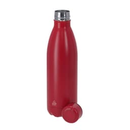 A red drink bottle made of stainless steel with a silver cap and a logo on the side.