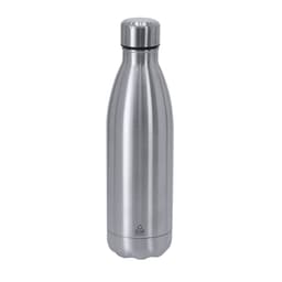 A stainless steel drink bottle with a sleek design, featuring a silver finish and a secure screw-top lid.