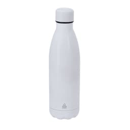 A drink bottle in white with a sleek design and a black silicone ring, featuring a logo on the bottom.