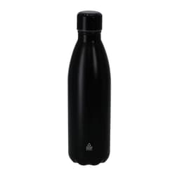 A drink bottle in sleek black finish with a stainless steel body and a rounded design. It features a logo on the surface.