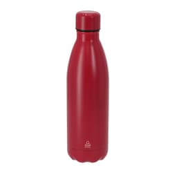 A drink bottle in a sleek red finish, made from stainless steel, featuring a black lid and a logo.