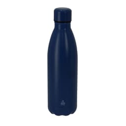 A drink bottle in navy blue with a sleek, bottle shape and a black top. It features a logo.
