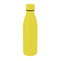A drink bottle in bright yellow with a sleek design and a black band around the neck. It features a logo.