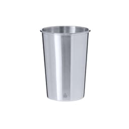A stainless steel reusable coffee cup with a sleek, shiny finish and a simple design. It has a brand logo.