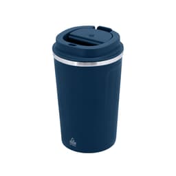 A drink bottle in navy blue with a stainless-steel rim and a lid featuring a sipping opening. It has branding on the side.