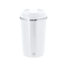 A drink bottle in white stainless steel, featuring a secure lid and a branded logo. Ideal for travel use.