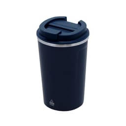 A drink bottle in navy blue with a silver rim and a lid featuring a slidable opening. It has a logo.