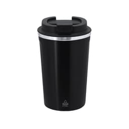 A travel mug in sleek black stainless steel, featuring a black lid and a logo on the front.