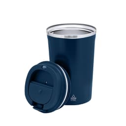 A navy insulated travel mug with a stainless steel interior and a separate lid. Features a logo on the side.