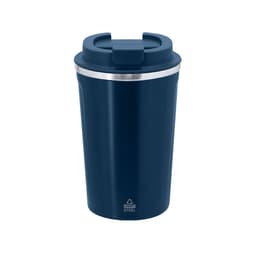 A drink bottle in navy blue with a stainless steel interior and a lid, featuring a logo on the base.