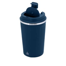 A navy insulated travel mug with a silver band and a flip-top lid. It features a logo on the front.