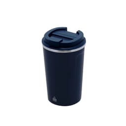 A drink bottle that is navy blue with a secure lid and a stainless steel finish. It features a logo on the side.