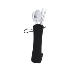A cutlery set featuring stainless steel fork, knife, spoon, and cleaning brush, enclosed in a black zippered case.