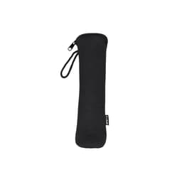A cutlery set holder in sleek black with a zip closure and wrist strap, featuring a branding logo.