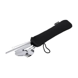 A cutlery set with stainless steel fork, spoon, knife, and a reusable straw in a black pouch. It includes a cleaning brush.