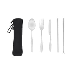 A cutlery set featuring a spoon, fork, knife, stainless steel straw, cleaning brush, and a black carrying case.