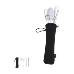 A cutlery set in a black carrying case, featuring stainless steel utensils including forks, spoons, and straws.