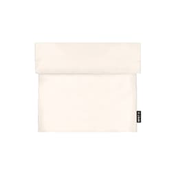 A lunch bag in a cream colour with a fold-over top and a logo tag. Suitable for carrying food items.