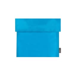 A bright blue lunch bag made from RPET material, featuring a fold-over top and a logo tag on the side.