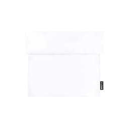 A white lunch bag featuring a fold-over top and a small branded label.