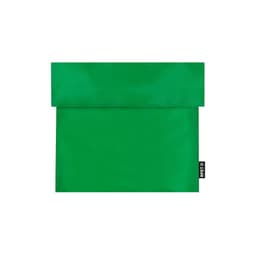 A green lunch bag with a fold-over top and a logo tag on the side.