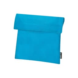 A blue lunch bag made from RPET material, featuring a fold-over closure and a small branding tag.