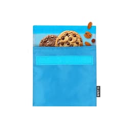 A blue lunch bag with a transparent front pocket containing chocolate chip and nut cookies, with some almonds nearby.