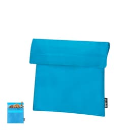 A blue lunch bag with a fold-over top and a small pocket, featuring a logo on the side.