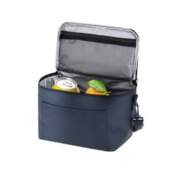 A navy cooler bag with a can, an orange, and a mesh pocket inside. The bag features a strap and branding.