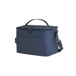 A navy blue cooler bag with a zippered top, carrying handle, and adjustable shoulder strap. It features a front pocket and a logo.