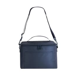 A navy blue cooler bag with a shoulder strap and carry handle, featuring a front pocket and a logo.