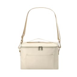 A cream cooler bag with a shoulder strap and handle, featuring a front pocket and a zipper closure.