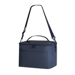 A navy cooler bag with a removable shoulder strap and a top handle, featuring a front pocket and a zip closure.
