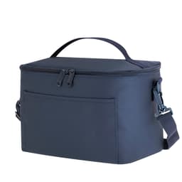 A navy blue cooler bag with a zippered top, carrying handle, and an adjustable shoulder strap. Features a front pocket and branding.