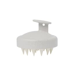A white hair scalp massager with soft, flexible bristles and a finger grip for easy handling.
