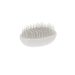 A white hairbrush with soft, bristle-like pins on a smooth, oval-shaped handle.