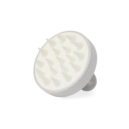 A grey massage scalp brush with white rubber bristles, designed for hair care and relaxation. It features a logo.