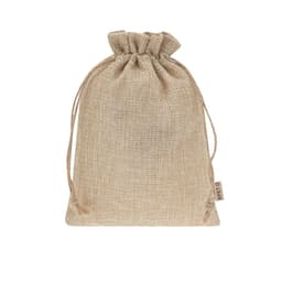A natural jute drawstring bag with a textured finish, featuring a small logo tag.