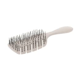 A hairbrush featuring a grey handle and black bristles, designed for grooming hair. Includes a logo on the handle.