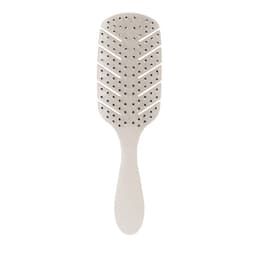A hairbrush with a textured handle and vented design, featuring a light cream colour. The product includes a logo.