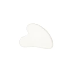 A smooth white massage tool in a heart shape, featuring a simple design and a branded logo.