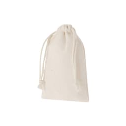 A drawstring bag in natural beige fabric. The bag is plain and features a cinched top for closure.