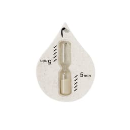 A novelty hourglass timer in a teardrop shape, featuring a white and cream colour scheme. It has a logo.
