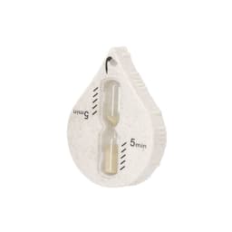 A white hourglass timer in a droplet shape, designed for five-minute intervals, featuring a logo.