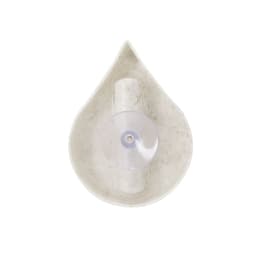 A drink bottle in a tear-drop shaped holder, featuring a transparent suction cup, in a neutral, speckled colour.