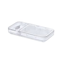 A transparent storage container with two compartments, featuring a hinged lid and a small opening.