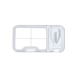 A transparent organiser with multiple compartments and a small section for additional items.